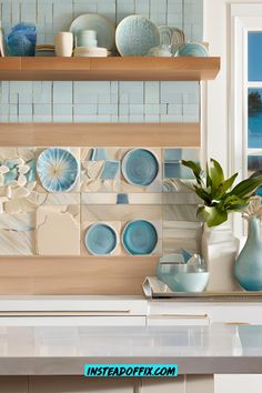 the kitchen counter is clean and ready to be used as a place for dinnerware