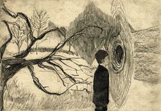 a drawing of a person standing in front of a tree with no leaves on it