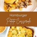 hamburger and potato casserole on a plate with the title overlay reads hamburger, potato casserole