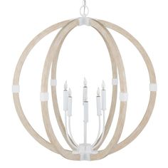 a white chandelier with wooden circles and candles hanging from the middle one circle