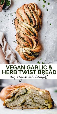 vegan garlic and herb twist bread with text overlay