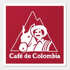 the logo for cafe de colombia, with a horse and man in white on a red background