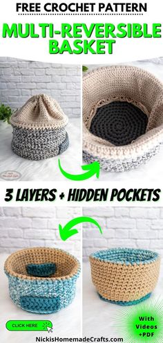 Yarn storage ideas Crochet Hidden Pocket, Crochet Caddy Free Pattern, Crochet Box Pattern Free, Crochet Storage Ideas, Crochet Basket With Lid, Crochet Storage Basket Pattern, Crochet Storage Bag, Crochet Basket Patterns