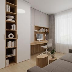 a living room filled with furniture and bookshelves in front of a large window