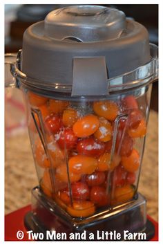 a blender filled with lots of fruit on top of a counter