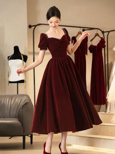 A Line Dress Short, Simple Frock Design, Simple Frocks, Fancy Dresses Long, Cute Dress Outfits, Burgundy Prom Dress, Burgundy Velvet, Designer Dresses Casual, Short Prom Dress