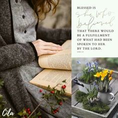 a woman sitting on a bench reading a book with flowers in the pot and an open book