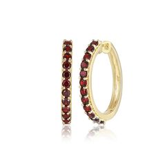 18K Gold-Plated Sterling Silver Gemstone Hoop Earrings  Accentuate you outfit with genuine gemstone color when you top it off with a classic hoop earring design. These 18K gold-plated hoops feature your choice of red garnets or purple amethyst.        Approx. 12.19mm x 3.6mm     Stamped .925; 18K yellow gold plating     Pierced with hugger backs     Hoop earrings have choice of round, garnet or amethyst stones prong-set on front sides   Stone Information       All sizes and weights approximate Red Hoop Jewelry For Formal Occasions, Red Round Hoop Earrings Fine Jewelry, Fine Jewelry Red Hoop Earrings, Elegant Round Hoop Earrings With Gemstone Accents, Red Hoop Fine Jewelry, Elegant Red Huggie Hoop Earrings, Elegant Small Hoop Red Earrings, Red Elegant Round Hoop Earrings, Elegant Red Round Hoop Earrings