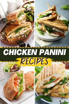 chicken panini sandwiches with lettuce, tomato, and other ingredients on plates