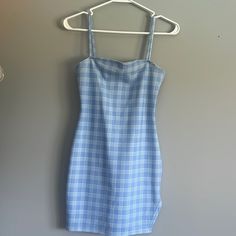 Never Worn, Size 4 (Small) Fitted Light Blue Sleeveless Sundress, Light Blue Lined Mini Dress, Blue Fitted Sundress For Day Out, Fitted Blue Sundress For Day Out, Fitted Light Blue Mini Sundress, Blue Fitted Mini Sundress, Blue Fitted Sundress With Square Neck, Spring Plaid Lined Mini Dress, Fitted Light Blue Cotton Mini Dress