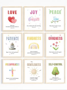 six children's wall art prints with the words love, peace, joy and kindness