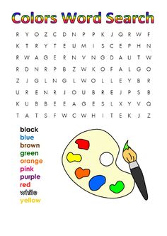 the color word search is shown with an image of a paint palette and a brush