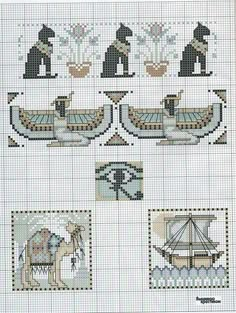 a cross stitch pattern with pictures of cats and boats on it, including one cat sitting in the boat