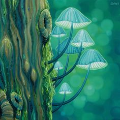 a painting of blue mushrooms growing out of the ground