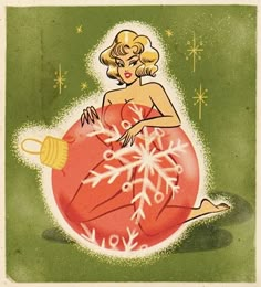 an old fashioned christmas card with a woman sitting on top of a large ornament