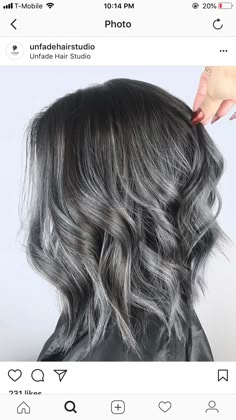 Ashy Silver Brown Hair Balayage, Lob Grey Hair, Gray Peekaboo Hair, Gunmetal Grey Hair, Dark Hair With Silver Highlights, Gray Highlights On Dark Hair, Dark Grey Hair Color, Grey Transition, Balayage Hair Grey