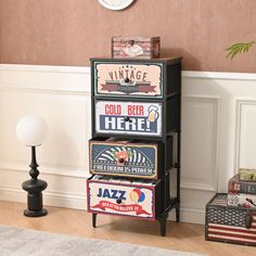 three tiered shelf with various signs on it next to a lamp and wall clock