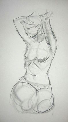 a pencil drawing of a woman's torso with her hands behind her head and arms in the air