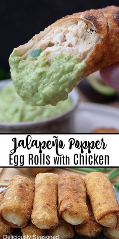 A double photo collage of egg rolls and an egg roll dipped in an avocado ranch dressing. Jalapeno Egg Rolls, Jalapeno Popper Egg Rolls, Chicken Jalapeno Popper, Chicken Jalapeno, Crab Eggs, Egg Roll Filling, Chicken Poppers, Chicken Egg Rolls, Poppers Recipe