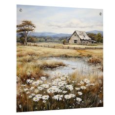 a painting of a farm house with daisies in the foreground