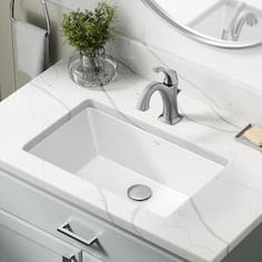 a bathroom sink sitting under a mirror next to a counter top with a plant in it