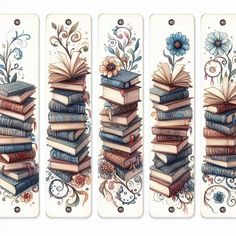 four bookmarks with books stacked on top of each other and flowers growing out of them