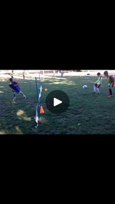 kids are playing soccer in the grass with an orange and blue ball on it's back