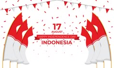 red and white flags with confetti on them for indonesia's national day