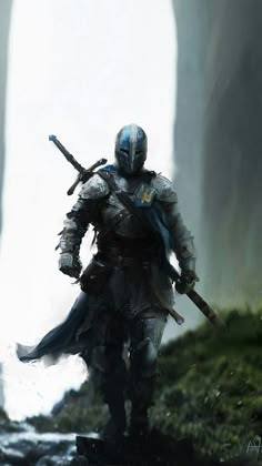 an image of a man in armor walking through the woods with two swords on his shoulder