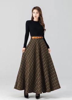 Swing Wool Skirt Maxi Wool Plaid Skirt Wool Circle Skirt - Etsy 日本 Full Pleated Skirt, Fall Midi Skirts, Retro Skirts Vintage Style, Womens Skirt Suit, Wool Skirt Pattern, Winter Midi Skirt Outfit, A Line Long Skirt, Apple Body Shape, Elegant Skirts