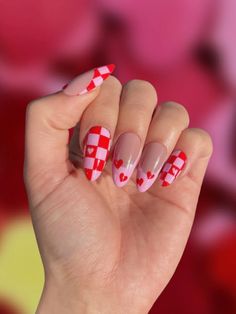 First photo displays a closed hand with short, almond-shaped, cherry red and baby pink nails in front of a blurred, bright pink background. Second photo is an open hand displaying the same nails with the same blurred, pink background. Checkered Nails, Ten Nails, Nail Designs Valentines, Nail Patterns, Nail Length, Nails Short, Nail Games, Valentine's Day Nails