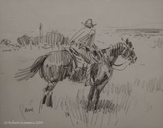 a pencil drawing of a man riding a horse in the field with buildings behind him