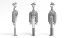 three gray and white robot figures standing next to each other with their arms crossed in different directions