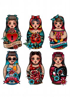 the set of four russian nesting dolls with tattoos on their arms and chest, in different colors