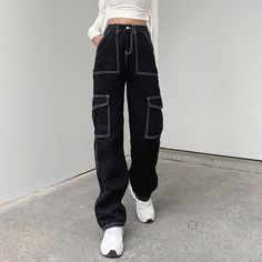 Streetwear Black Pants with White Stitching - THE DETAILS: Pair it with one of our long sleeve tops for a cute look. Made from a denim, polyester mix Straight fit High-waisted Contrast stitch Comes in white or black - SIZE CHART: (CM) Model wear: M: 155cm / 45kg L: 163cm / 50kg S: 150cm / 45kg XL: 167cm / 60kg Size Waist Hip Length S 66 98 103.5 M 70 102 104.5 L 74 106 105.5 XL 78 110 106.5 2XL 82 114 107.5 FIT: Size up for a baggy fit. Upgrade your streetwear game with our Shadow Stitch Black S Celana Kargo, Jeans Online Store, Contrast Topstitching, Women Cargo Pants, Denim Decor, Baggy Cargo Pants, Cargo Pants Outfit, Black Jeans Women, Streetwear Mode