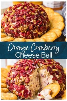 orange cranberry cheese ball with crackers on the side and in between it