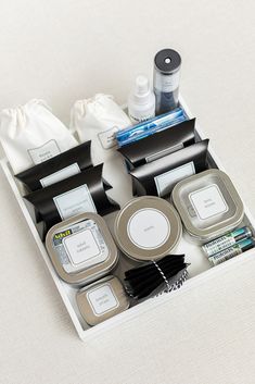 an assortment of personal care items displayed on a tray