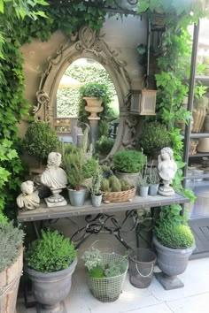 potted plants are sitting on a table in front of a mirror