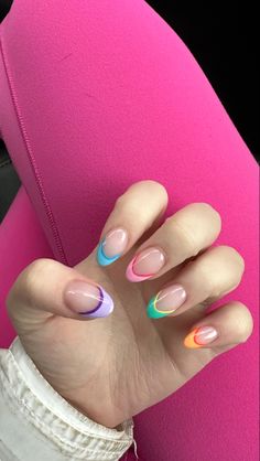 Colorful Double French Tip Nails, Cute Pastel French Tip Nails, 2 Colored French Tip Nails, Spring Nails Two Colors, Beach Nails Colorful, Almond French Tip Different Colors, Cute Summer Nails Colorful, Multicolored Tips Nails, Cute Spring Break Nails French Tip