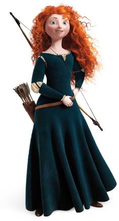 a doll with long red hair holding a broom and wearing a green dress, standing in front of a white background