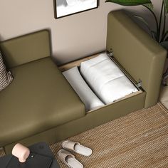 a couch with pillows and slippers in it