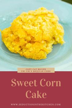 sweet corn cake on a blue plate with text overlay