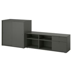 two gray cabinets with doors and shelves next to each other