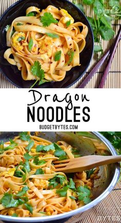 two pictures showing different types of noodles in a pan with chopsticks and parsley on the side