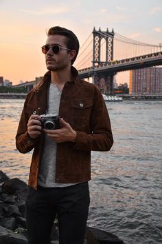 that jacket // menswear, mens style, fashion, denim, brown, sunglasses, street style, nyc, brooklyn, new york, hair cut, hair style, haircut Jacket Outfits For Men, Adam Gallagher, Trucker Jacket Men, An Old Soul, Outfits For Men, Hipster Man, Men Suede