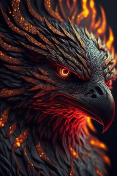 the head of an eagle with red eyes and flames on it's wings, in front of a black background