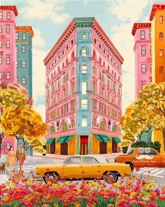 a painting of a yellow car parked in front of a tall building on a city street