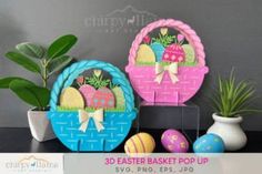 three baskets with easter eggs and plants in them