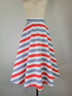 "Fabulous primary colors 1940s chevron striped cotton skirt. I bet there was a halter top that went with this originally, and I'm sure someone out there has the perfect matched on for this lovely skirt. Closes on the back with a 'Talon' brand metal zipper and button at the waistband. Can also wear it with the zipper on the side giving the skirt a different look, as shown in the last picture. Fabric is a medium weight linen weave cotton or cotton/rayon blend. Condition - Excellent condition with Retro Striped Skirt For Summer, Retro Striped Summer Skirt, Summer Retro Striped Skirt, Striped Full Skirt With Lining, Striped Cotton Midi Skirt, Floral Cotton Dress, Skirt Summer, Striped Skirt, Floral Sundress