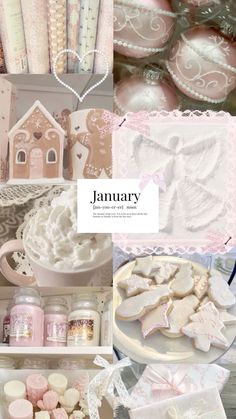 a collage of pink and white items including cookies, candles, napkins and other decorations